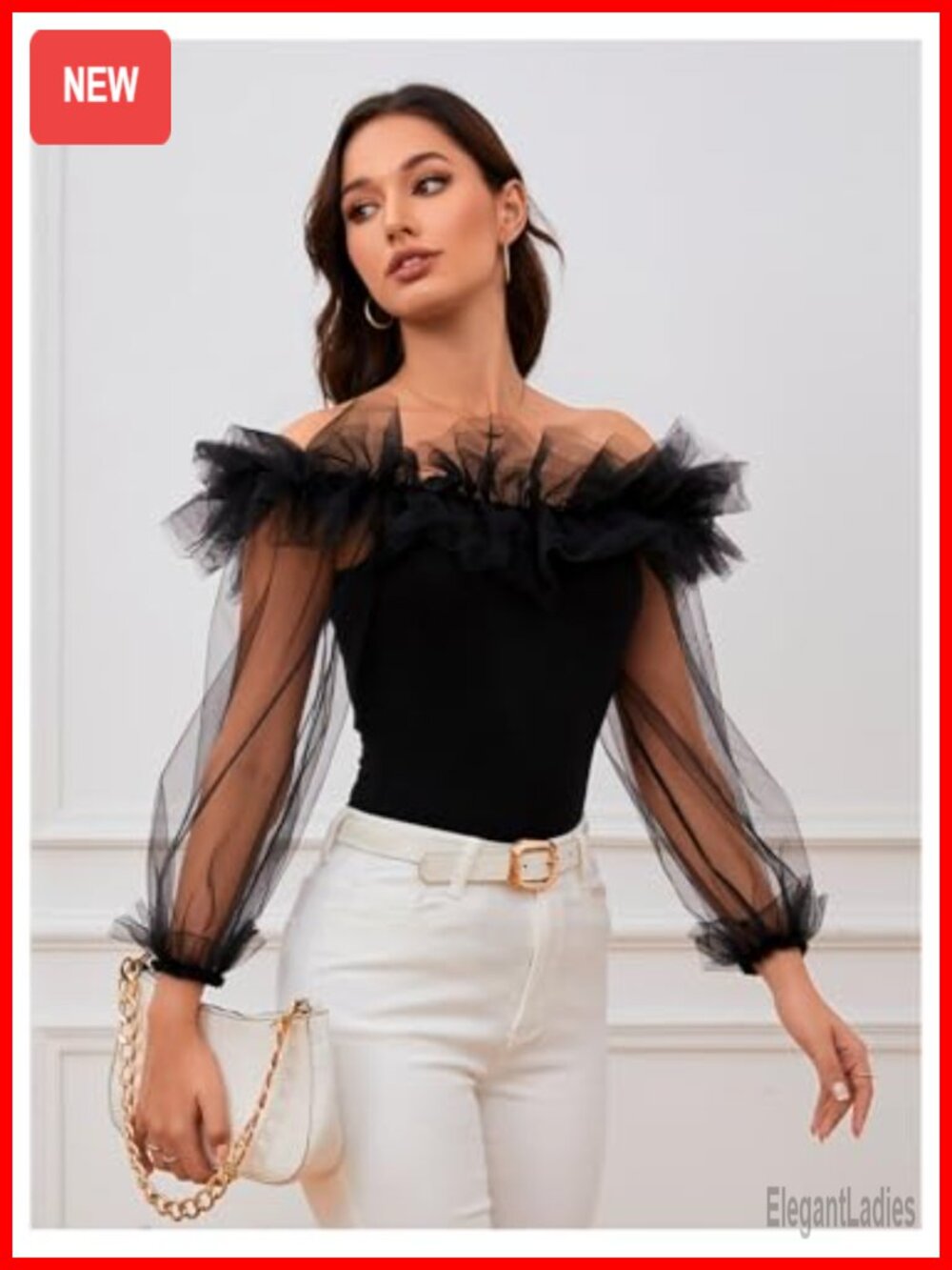 Ruffle Off Shoulder Blouse Mesh Puff Sleeve Fitted Tee - Picture 2 of 6